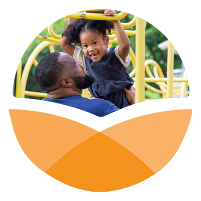 Orange stylized circle with photo in top portion of African American father and daughter on jungle gym at park