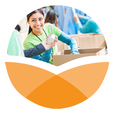 Orange stylized circle with photo in top portion of volunteers organizing donated food