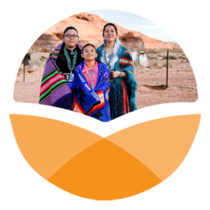 Orange stylized circle with photo in top portion of Native American children