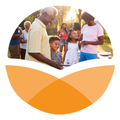 Orange stylized circle with photo in top portion of African American people having a picnic