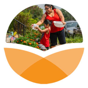 Orange stylized circle with photo in top portion of Latina little girl and her mother watering plants