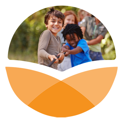 Orange stylized circle with photo in top portion of diverse children playing tug of war