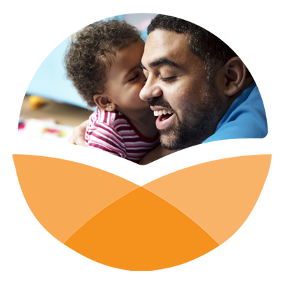 Orange stylized circle with photo in top portion of African American man with his infant daughter