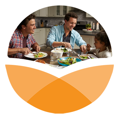 Orange stylized circle with photo in top portion of gay Latina American couple with African American daughter