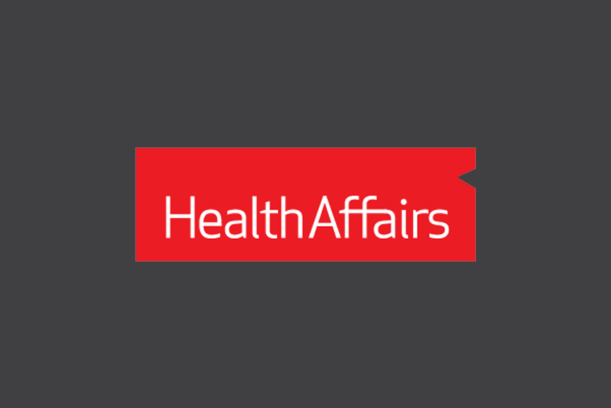 Health Affairs Logo - Red tag with white sans-serif type inside on dark gray background