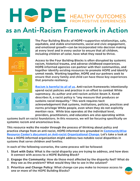 Cover of HOPE as an Anti-Racism Framework in Action fact sheet