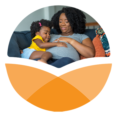 Orange stylized circle with photo in top portion of African American woman that is pregnant and sitting with her daughter