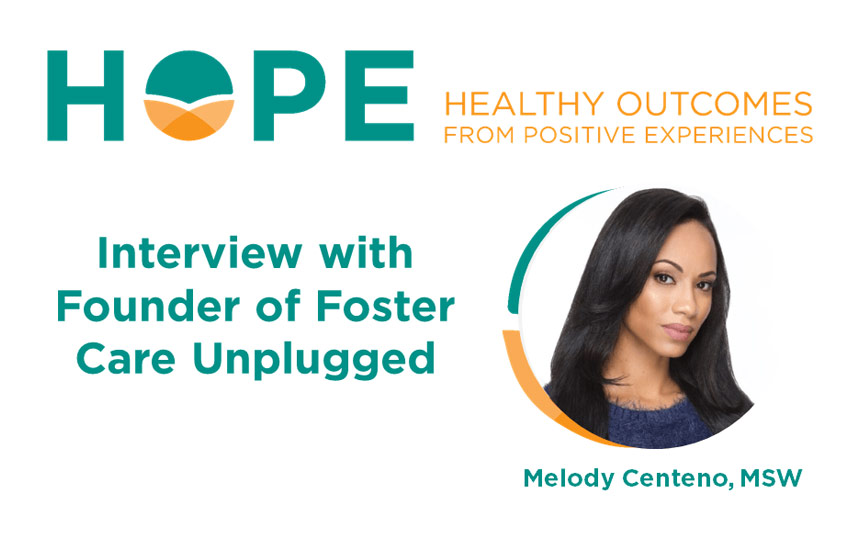 Graphic showing HOPE logo with headshot of Melody Centeno and teal sans-serif type