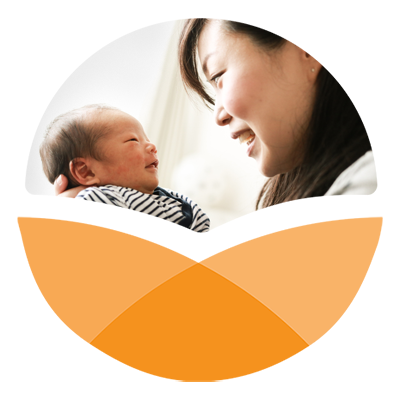 Orange stylized circle with photo in top portion of Asian woman holding infant