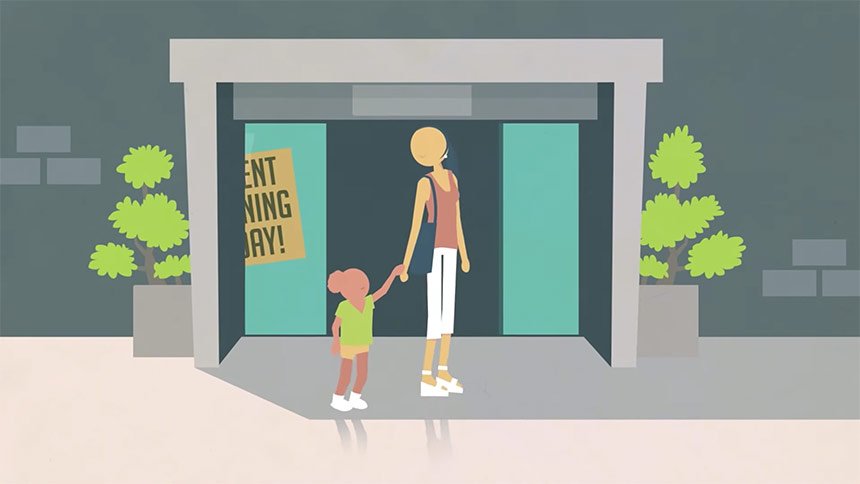 Video still of a cartoon showing a woman leaving a department store with her little girl