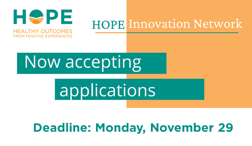 Graphic showing HOPE logo with white sans-serif type over orange and teal blocks of color