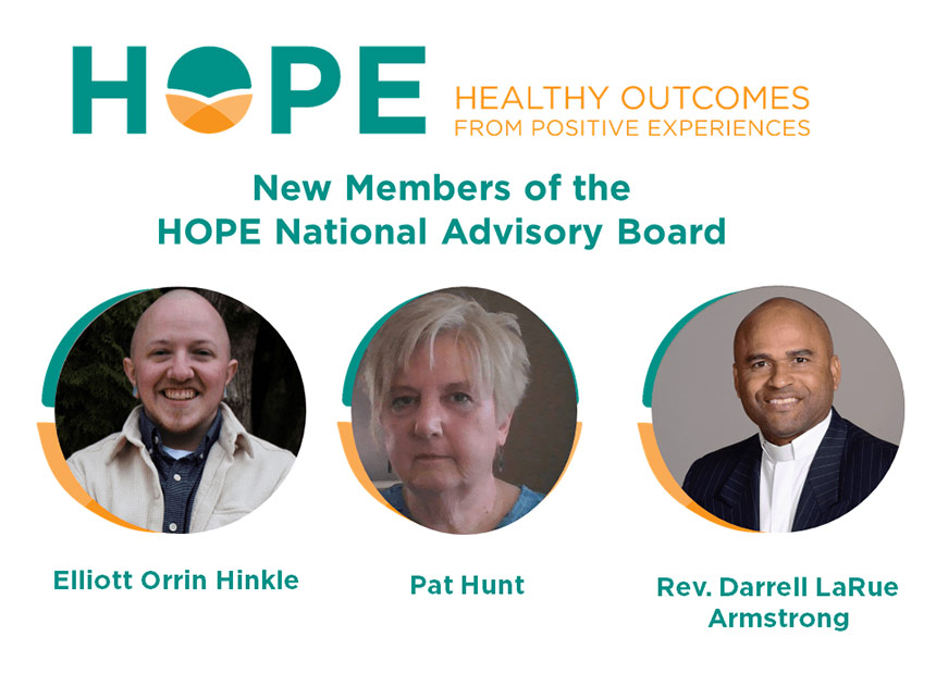 Graphic showing HOPE logo with headshots of Elliott Orrin Hinkle, Pat Hunt, and Rev. Darrell LaRue Armstrong and teal sans-serif type