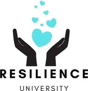 Resilience University Logo - Black sans-serif type with hands and hearts icon above