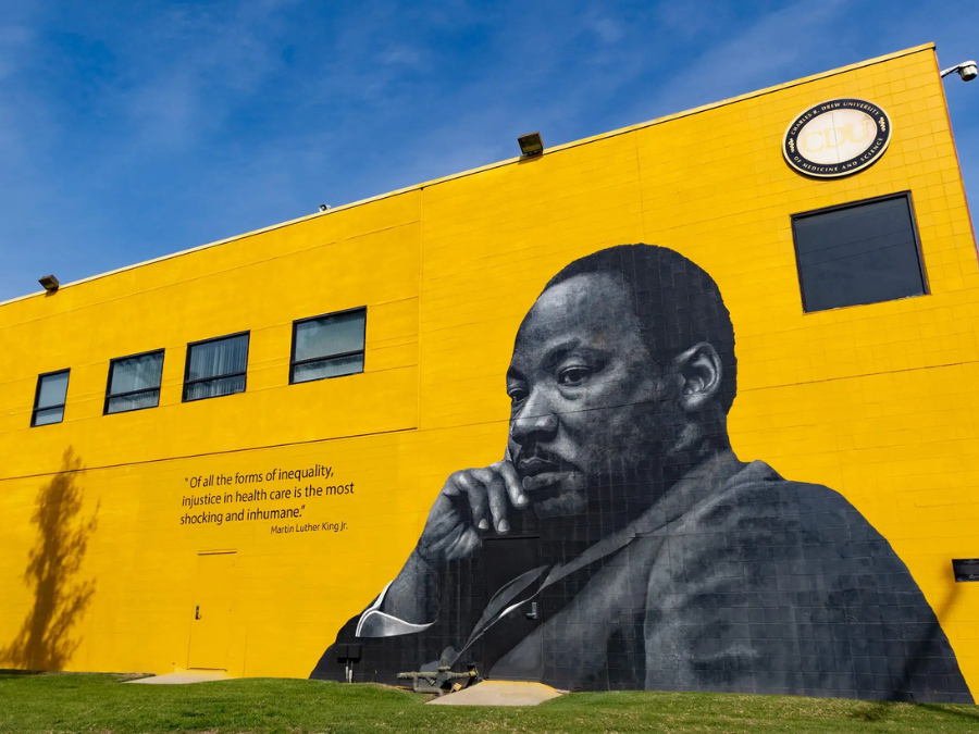 Mural of Martin Luther King Jr. at Charles R Drew University.