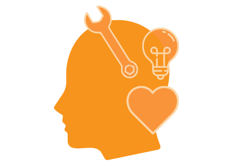 Graphic of a head with graphics of a heart, wrench, and lightbulb superimposed.