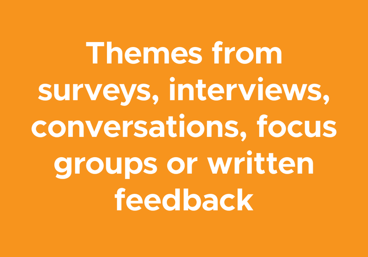 Text with "Themes from surveys, interviews, conversations, focus groups or written feedback"
