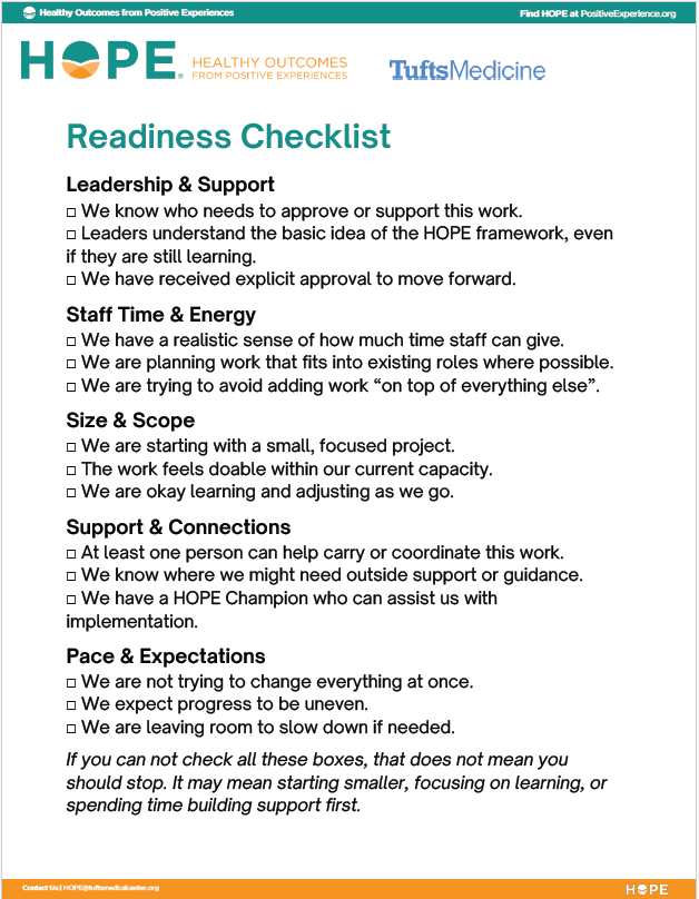 Screenshot of the Readiness checklist resource