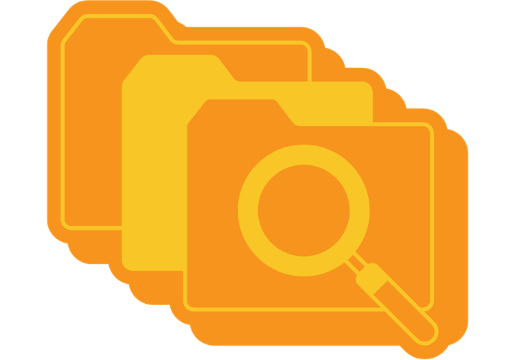 Graphic of a series of folders and a magnifying glass