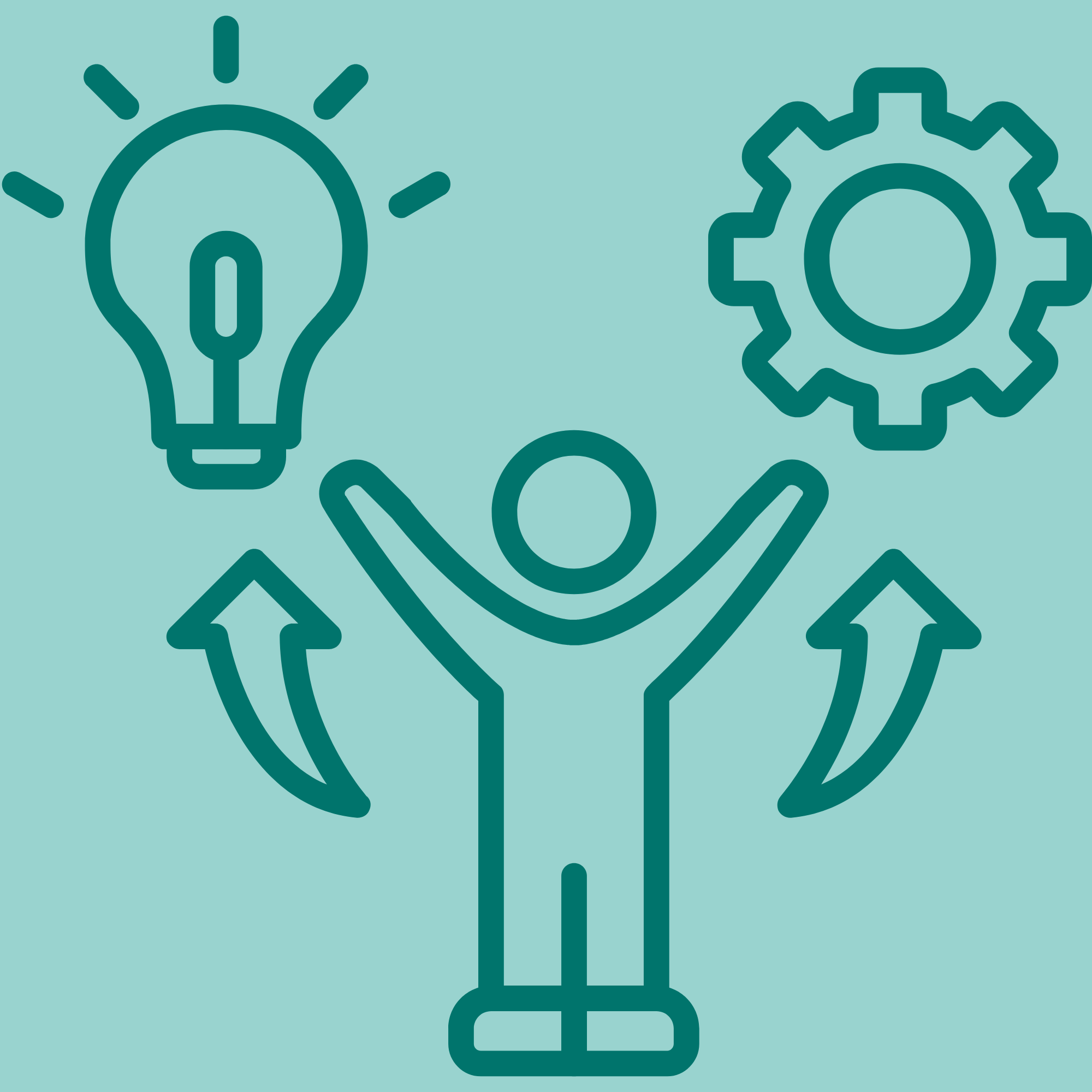 Person holding up both arms. Lightbulb and gear above each hand