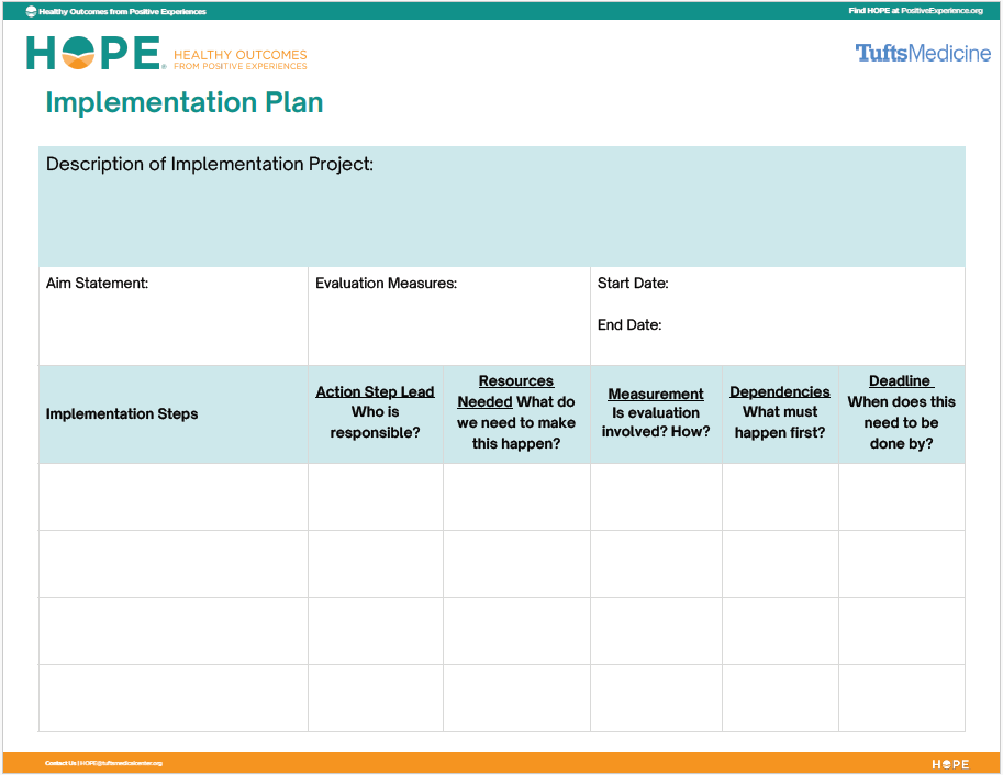 Screenshot of implementation plan worksheet resource