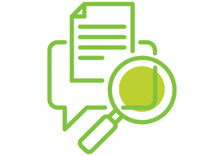 Graphic of a conversation bubble, a magnifying glass, and a document