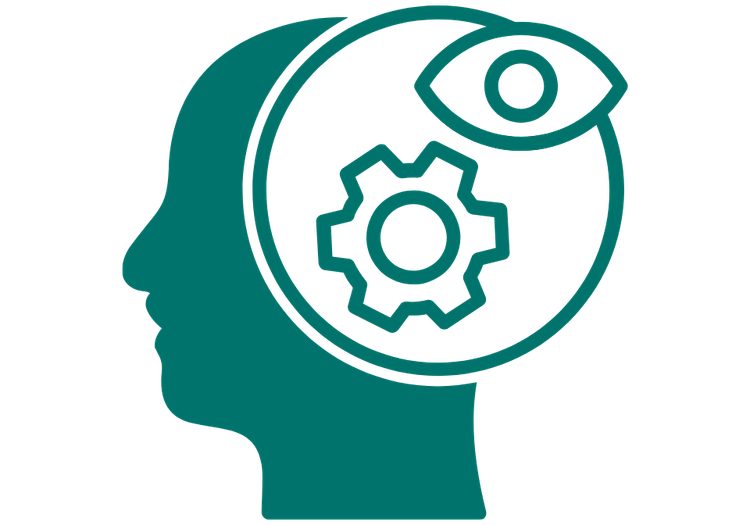 Graphic of a head with gear cog and eyeball