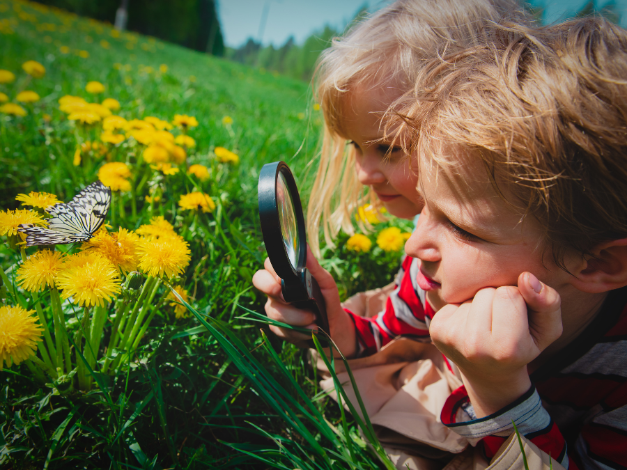 Two children looking at flowers through a magnifying glass
