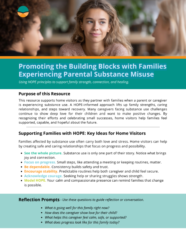 Parental substance misuse image Cover page of promoting the building blocks with families experiencing parental substance misuse.